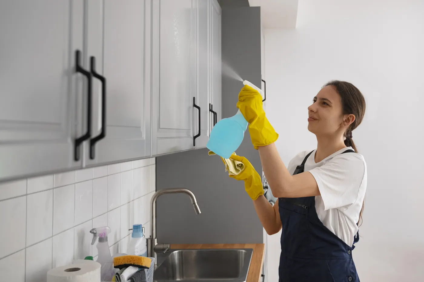 Cleaner carefully wiping kitchen cupboards